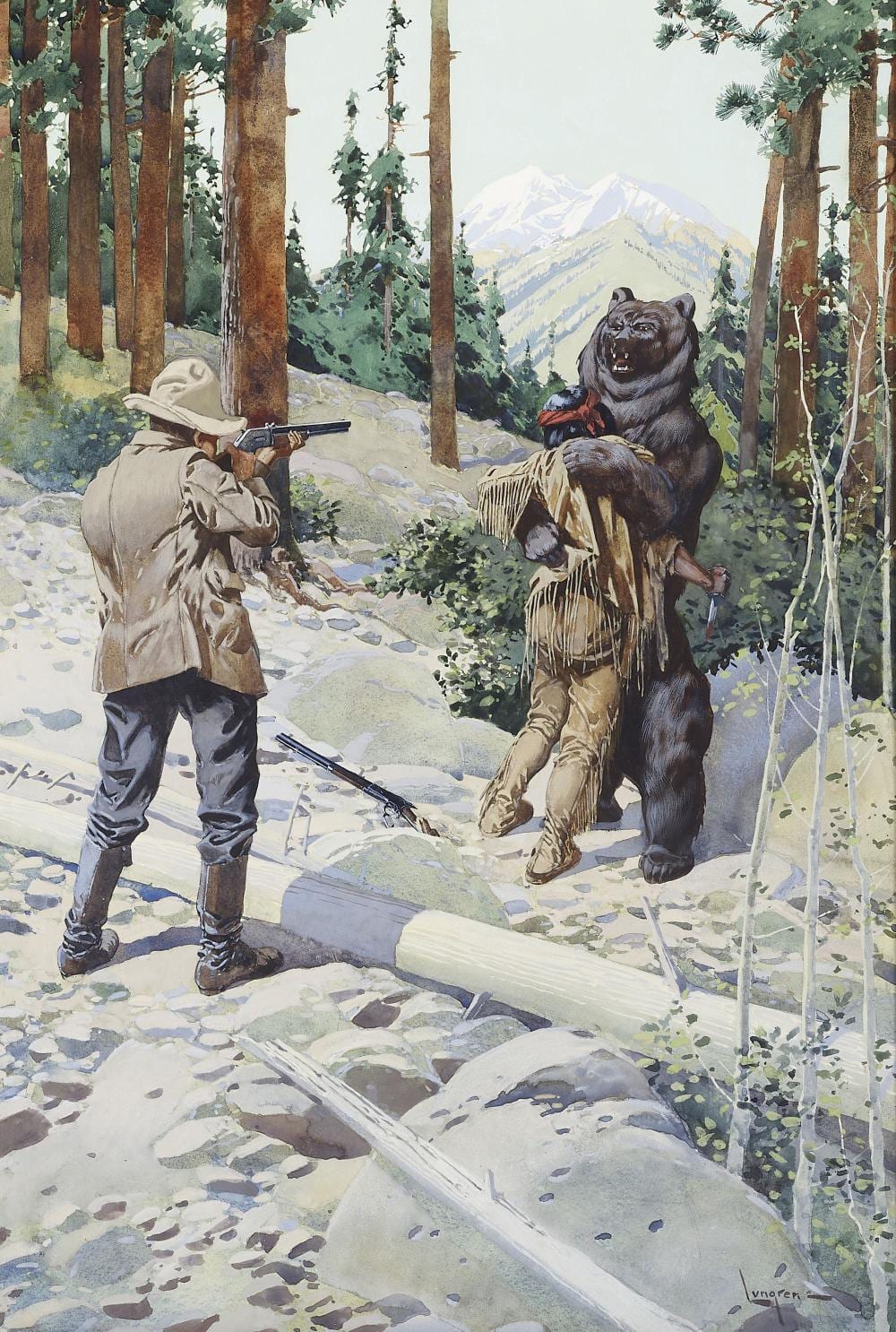 Fernand Harvey Lungren comparable auction result: fernand harvey lungren 1859 1932 the bear hug a tense moment in the mountains sight 26 1 2 x 18 in framed 38 x 28 3 4 in