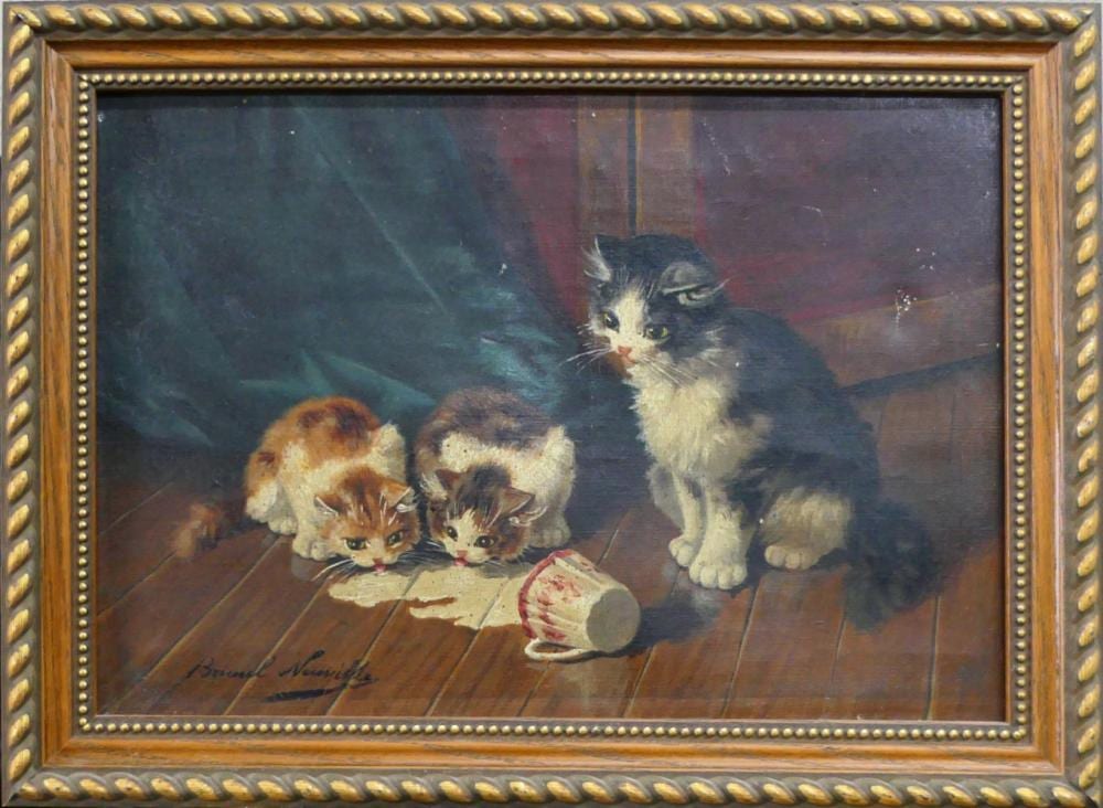 Brunel Neuville comparable auction result: brunel neuville france 1852 1941 cats oil canvas