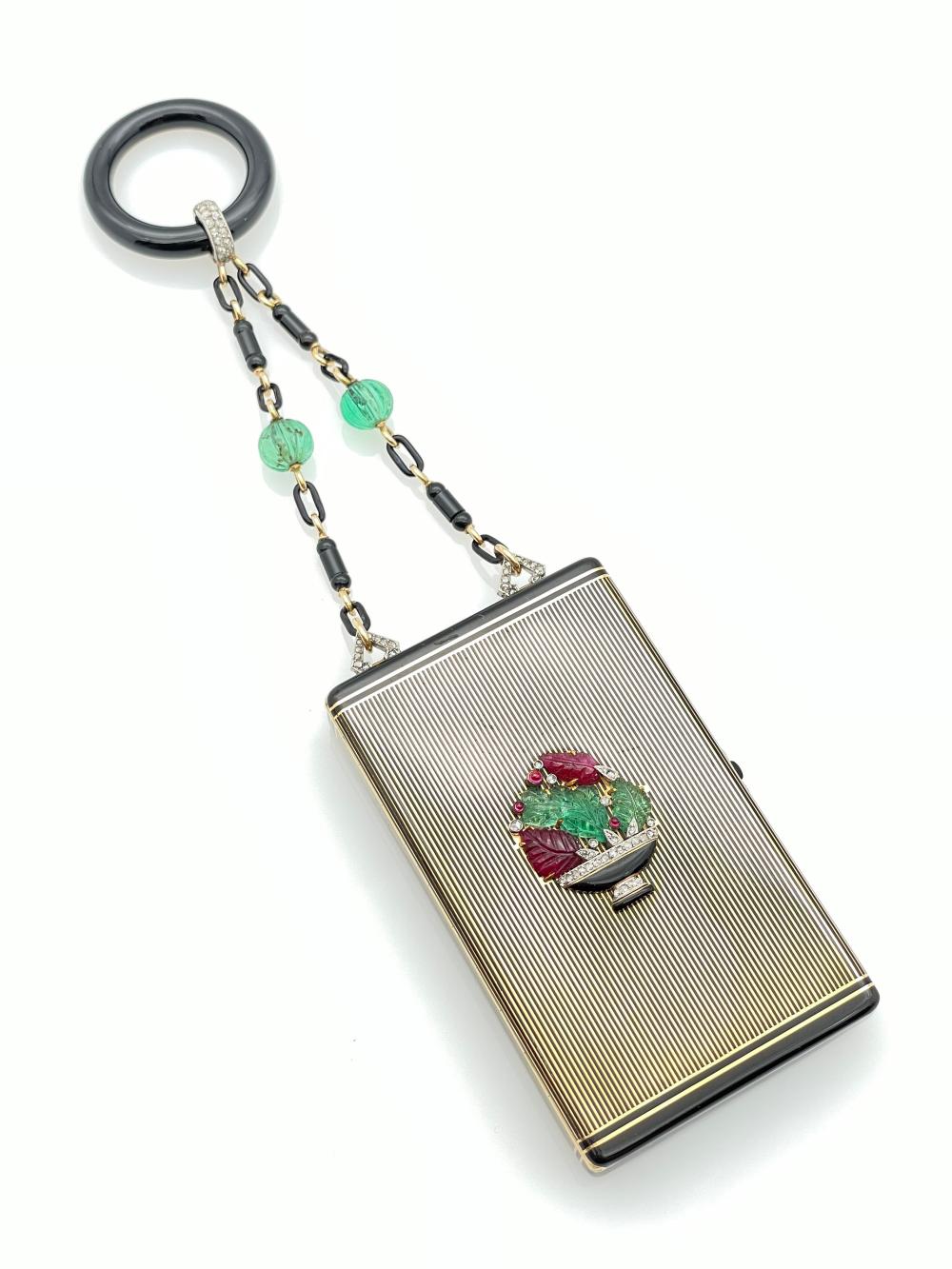 RARE! 1920S CARTIER ART DECO 18K GOLD TUTTI FRUTTI GEMSTONE MINAUDIÈRE AS SEEN ON ANTIQUES ROADSHOW sold by Bradford's, lot 4010 — auction record photograph