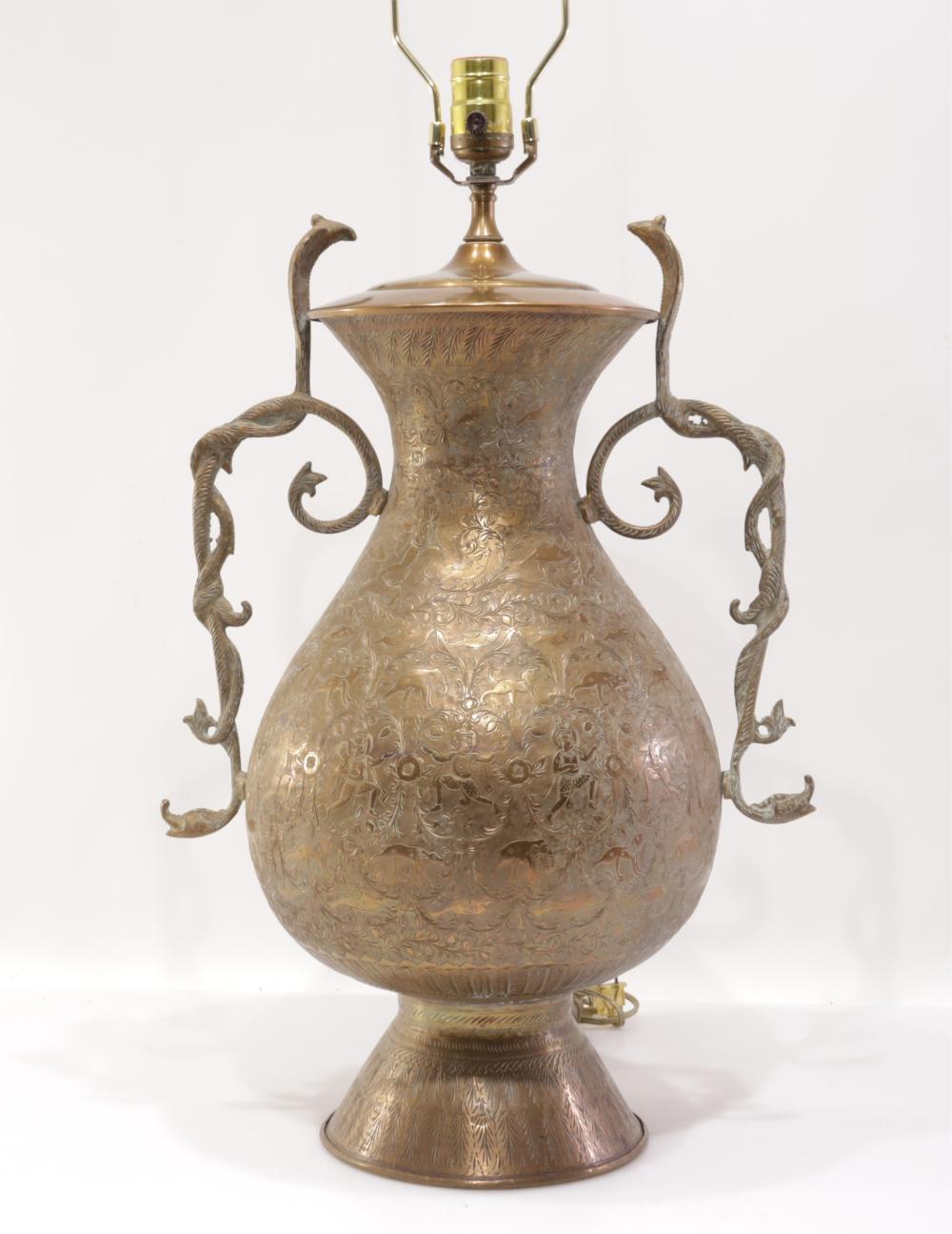 INDO comparable auction result: indo persian brass chased urn as table lamp