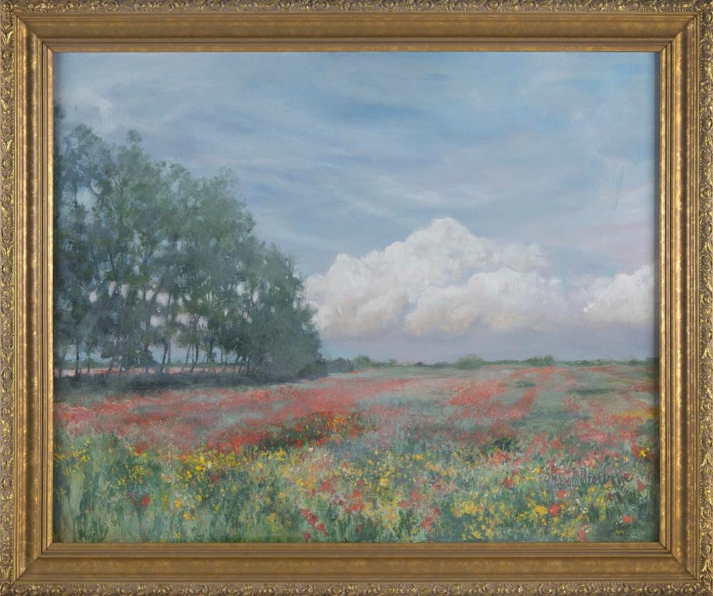 Georgia Dearborn comparable auction result: georgia dearborn massachusetts 1952 french field full of poppies and other flowers oil on canvas 24 x 30 framed 29 x 35