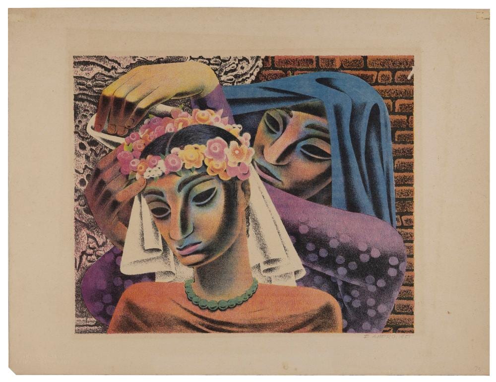 Emilio Amero comparable auction result: emilio amero new york oklahoma 1901 1976 fiesta 1951 color lithograph 9 75 x 12 unframed