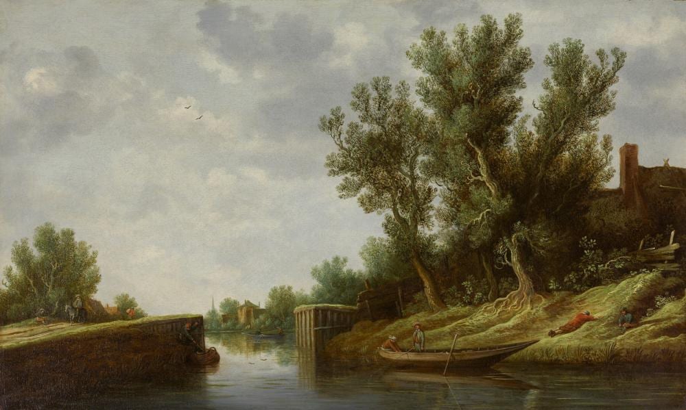Pieter de Neyn comparable auction result: pieter de neyn leiden 1597 1639 a river landscape with a sluice gate and boats oil on canvas 24 x 39 3 4 in 61 x 101 cm 75