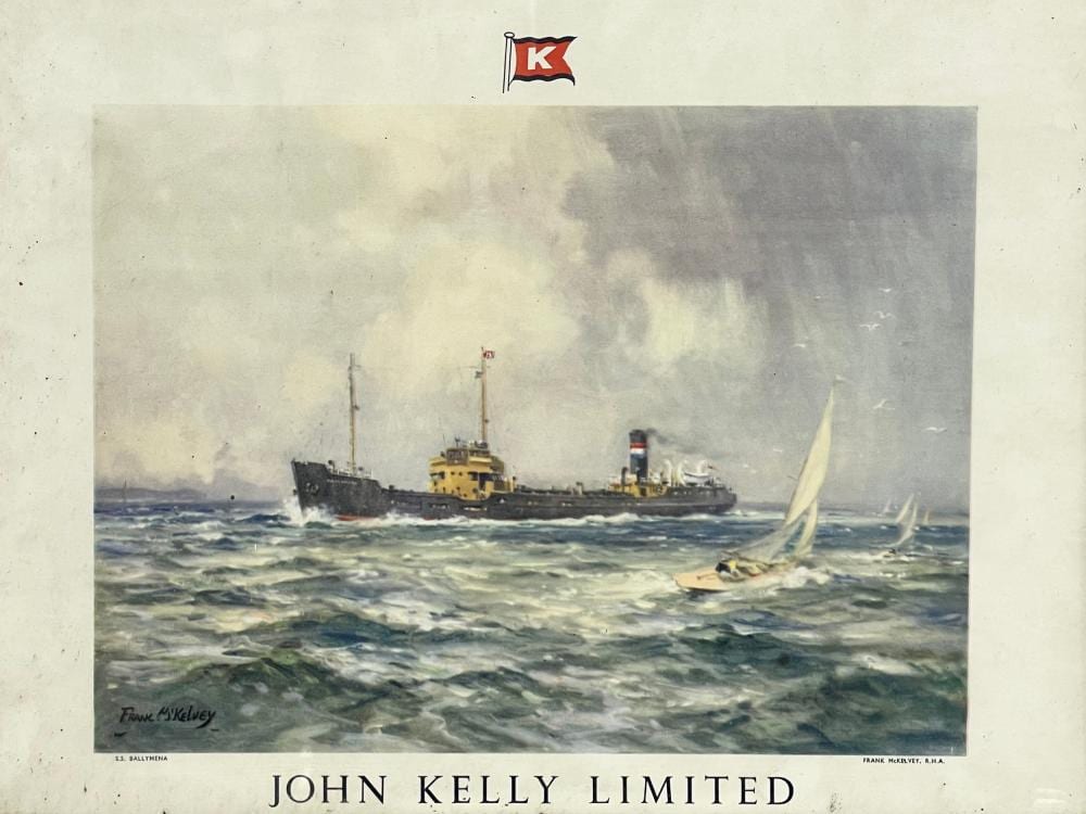 Frank McKelvey comparable auction result: a vintage frank mckelvey advertising print of john kelly limited coal importers s s ballymena 46x37cm