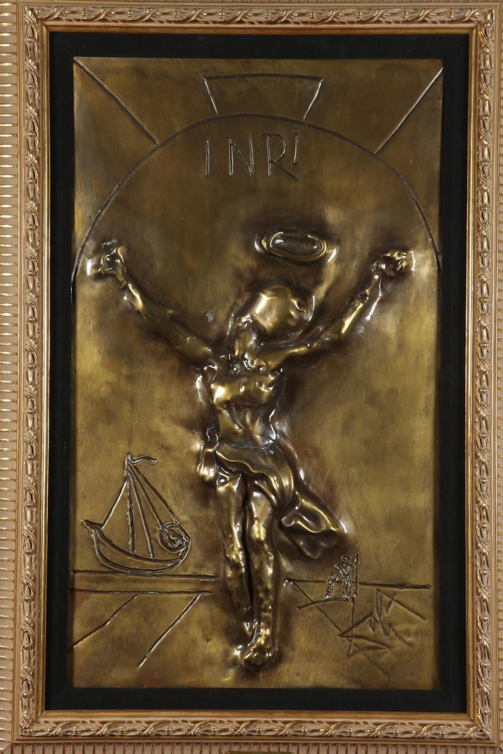 SALVADOR DALI (Spanish, 1904-1989). Christ Of St. John Of The Cross, Limited edition cast bronze base relief sculpture with a gold pati sold by Sloans & Kenyon, lot 144 — auction record photograph