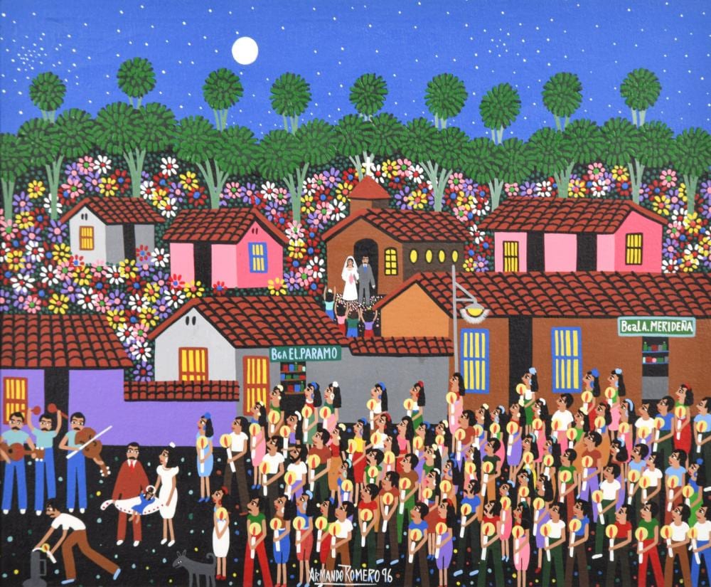 Armando Romero comparable auction result: armando romero painting naive village scene