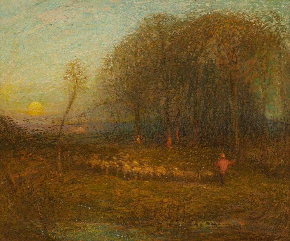 Charles Melville Dewey comparable auction result: charles melville dewey 1849 1937 a farmer herding sheep oil on panel 29 h x 34 w