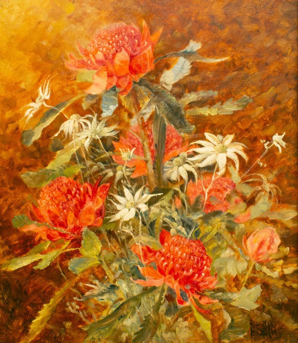 Albert Edward Aldis comparable auction result: albert edward aldis warratah oil on board