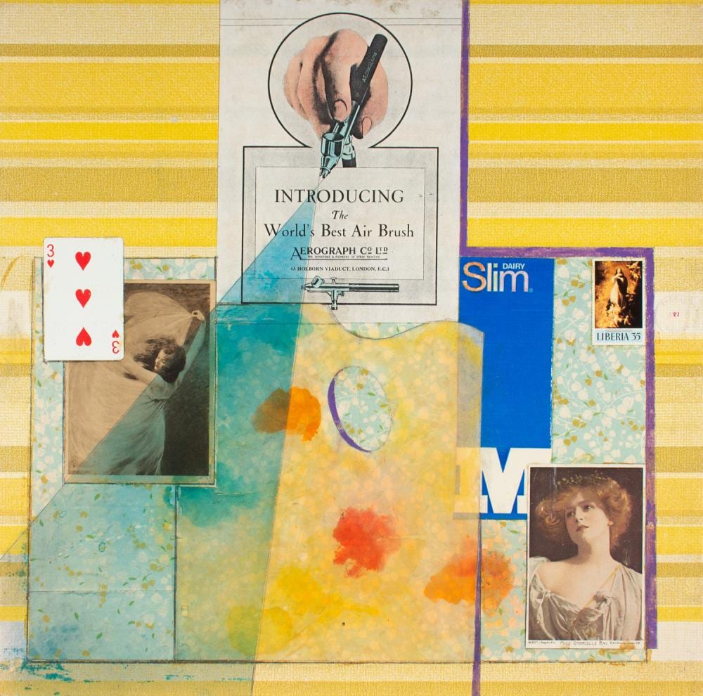 Tom Gibbons comparable auction result: tom gibbons air brush collage with hand colouring on wallpaper on board