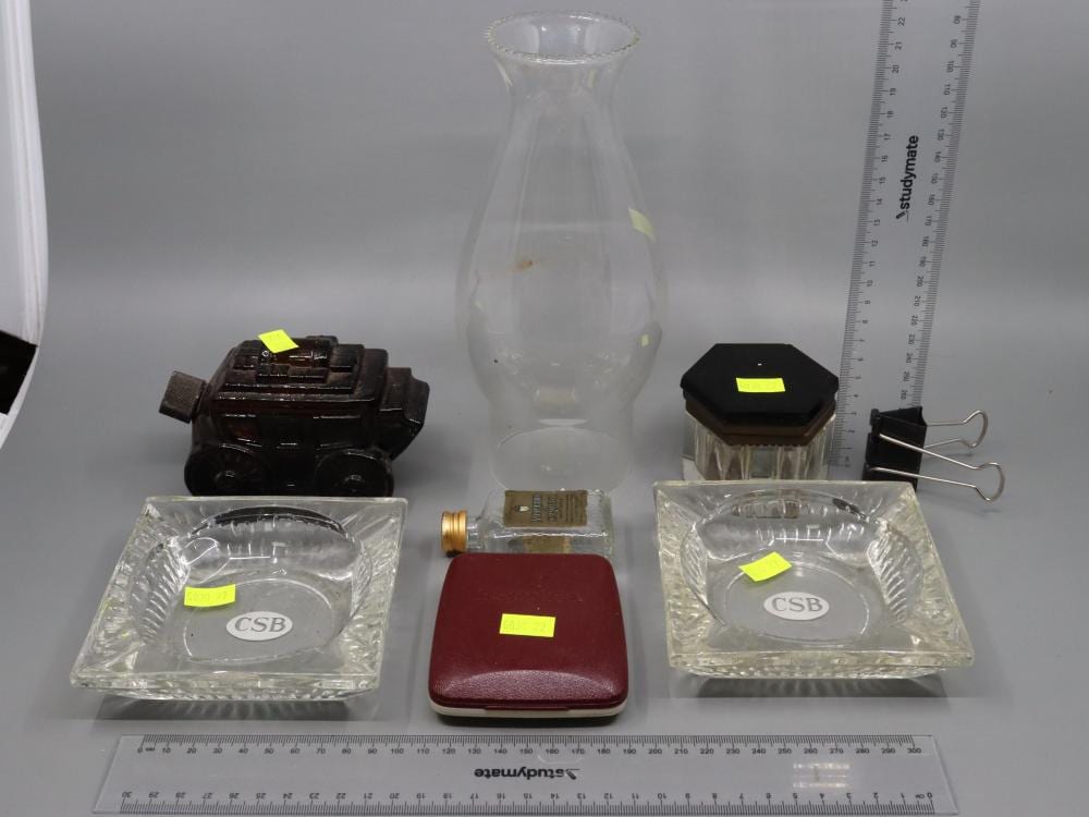 2 PERFUME BOTTLES, GLASS FLUE, 2 ASHTRAYS, A BOXED LIGHTER & AN OLD INKWELL sold by Albion Antique Auction Centre, lot 1353 — auction record photograph