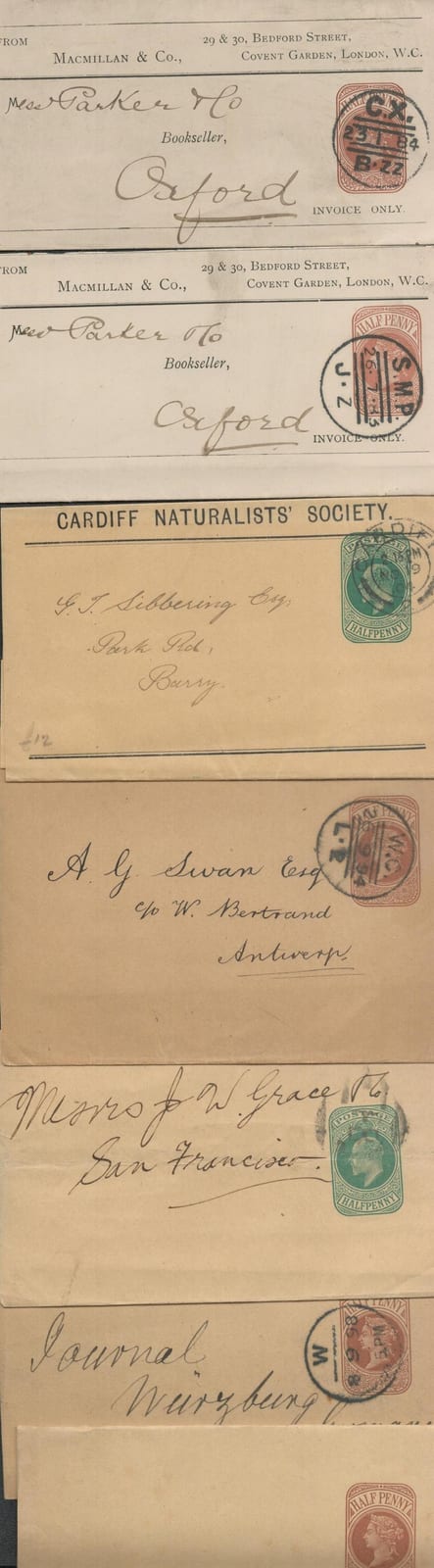 Victorian and later collection of Wrappers. Five Half Penny QV brown, one mint, 2 printed from sold by Chaucer Auctions, lot 750 — auction record photograph