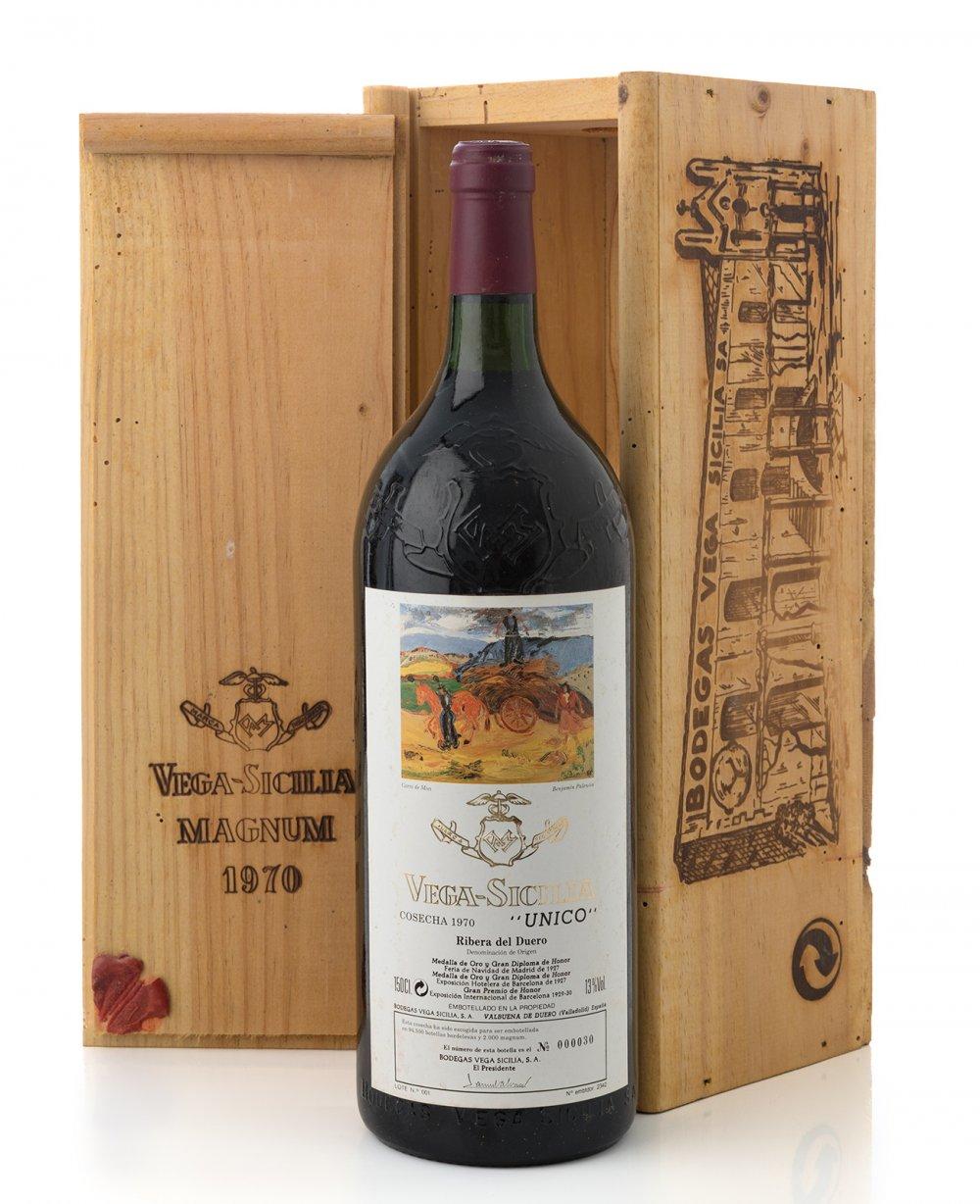 A bottle of Magnum Vega Sicilia Único, Special Edition, 1970. Category: red wine. Ribera del Duero. 1.5L Level: B It presents a special label with a painting by Benjamín Palencia. Preserves original wooden box with active xylophages. sold by Setdart Auction House, lot 175 — auction record photograph