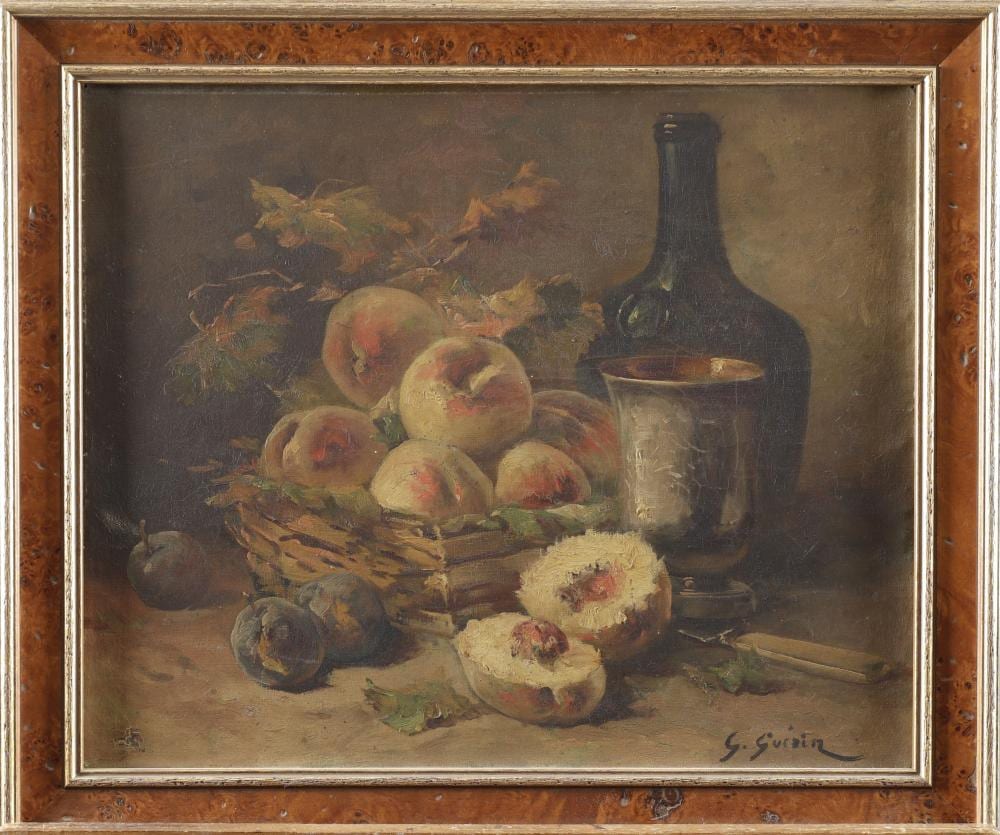 georges guerin n en 1910 nature morte aux p ches et aux prunes huile sur toile sign e en bas droite 38 x 46 cm · Les Andelys Enchères · 2023-05-13 Georges Guerin comparable auction result: georges guerin n en 1910 nature morte aux p ches et aux prunes huile sur toile sign e en bas droite 38 x 46 cm