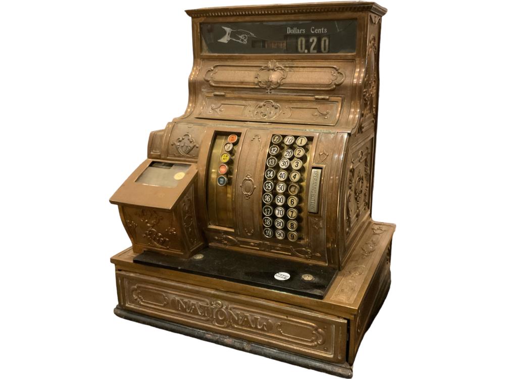 “The National Cash Register Co.” Brass Cash Register sold by Apple Tree Auction Center, lot 3024 — auction record photograph
