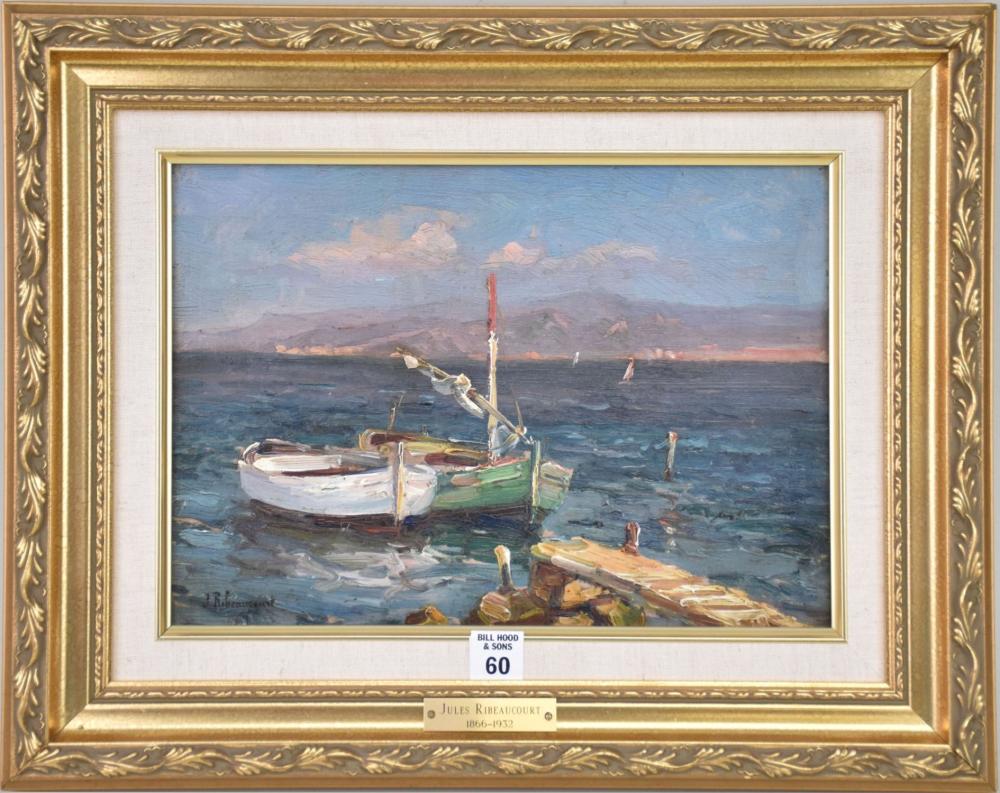 Jules Ribeaucourt comparable auction result: jules ribeaucourt french 1866 1932 small boats docked oil on panel signed lower left and reverso 9 1 4 x 13 panel 15 x 18 1 2 overall