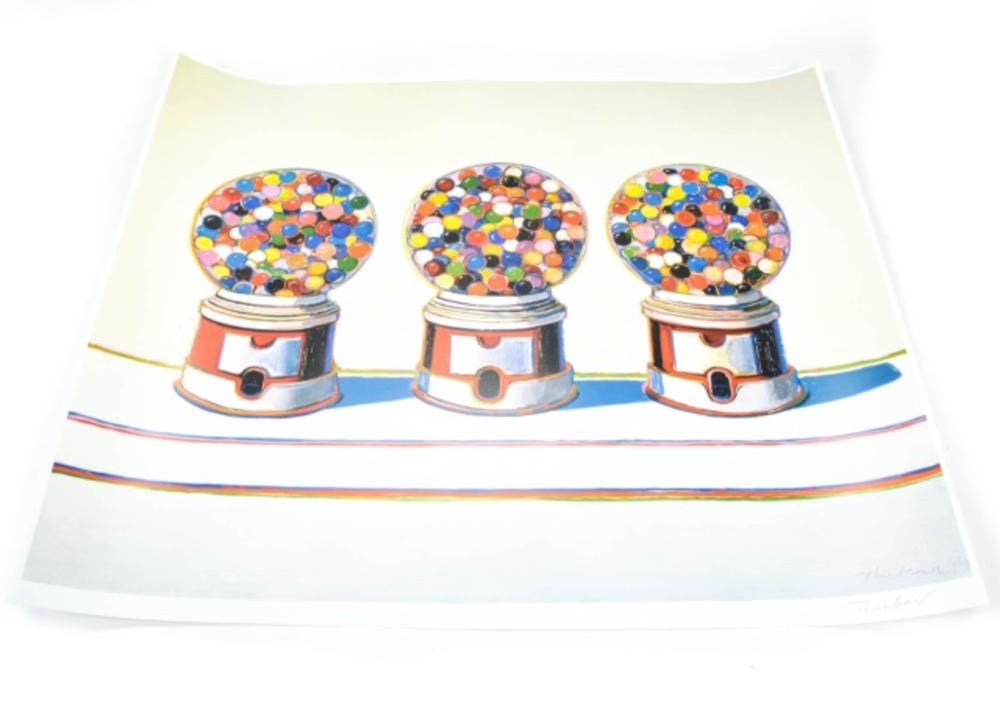 Colorful print showing three toy-like machines with round tops filled with multicolored dots and striped bases on a white background.