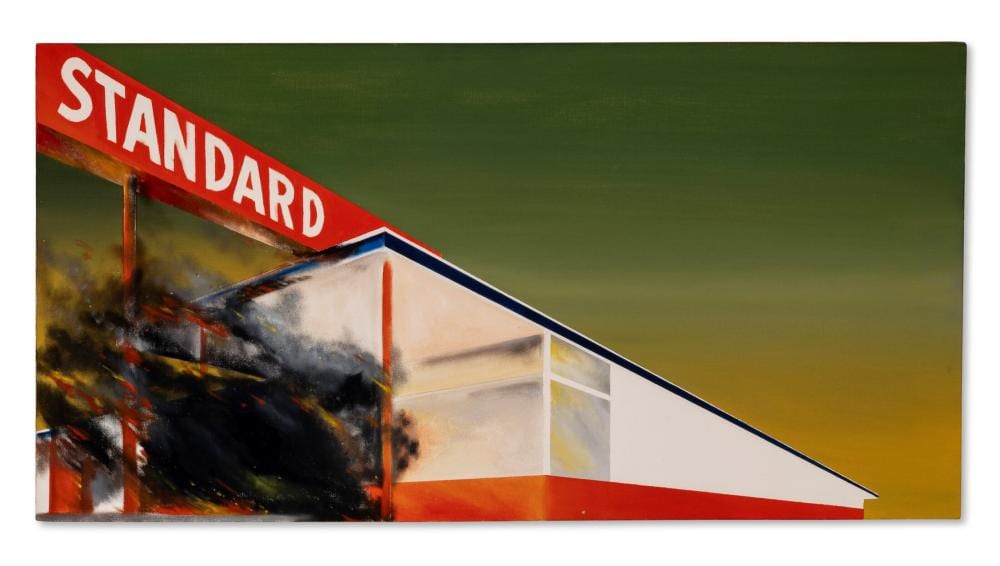 Ed Ruscha (B. 1937) Burning Gas Station oil on canvas 20 1/8 x 39 in. (51.1 comparable sale