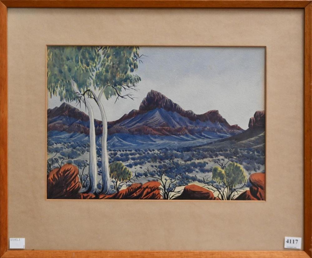 Enos Namatjira comparable auction result: enos namatjira central australian landscape watercolour signed lower centre 23 5 x 33 5cm frame size 40 x 47 5cm