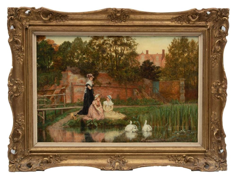 Arthur Langley Vernon comparable auction result: arthur longley vernon british 1841 1922 oil on canvas ladies feeding swans h 16 w 24