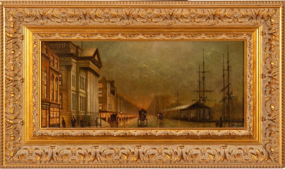 Albert Munghard comparable auction result: albert munghard american 1919 1998 oil on beveled panel street scene h 8 5 w 18 5