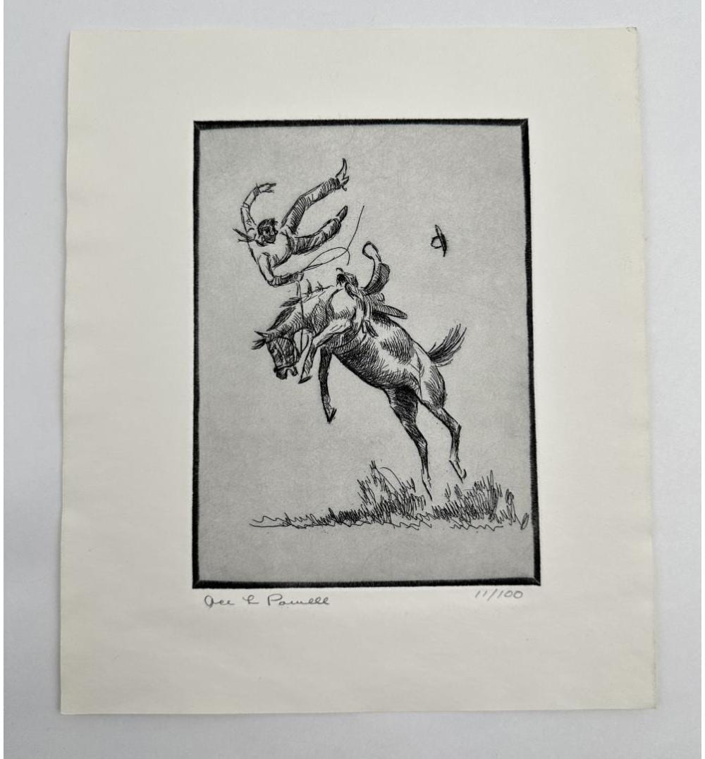 Black-and-white drawing of a horse rearing up while a rider reaches forward, framed on a cream sheet with handwritten signature and number at bottom right.