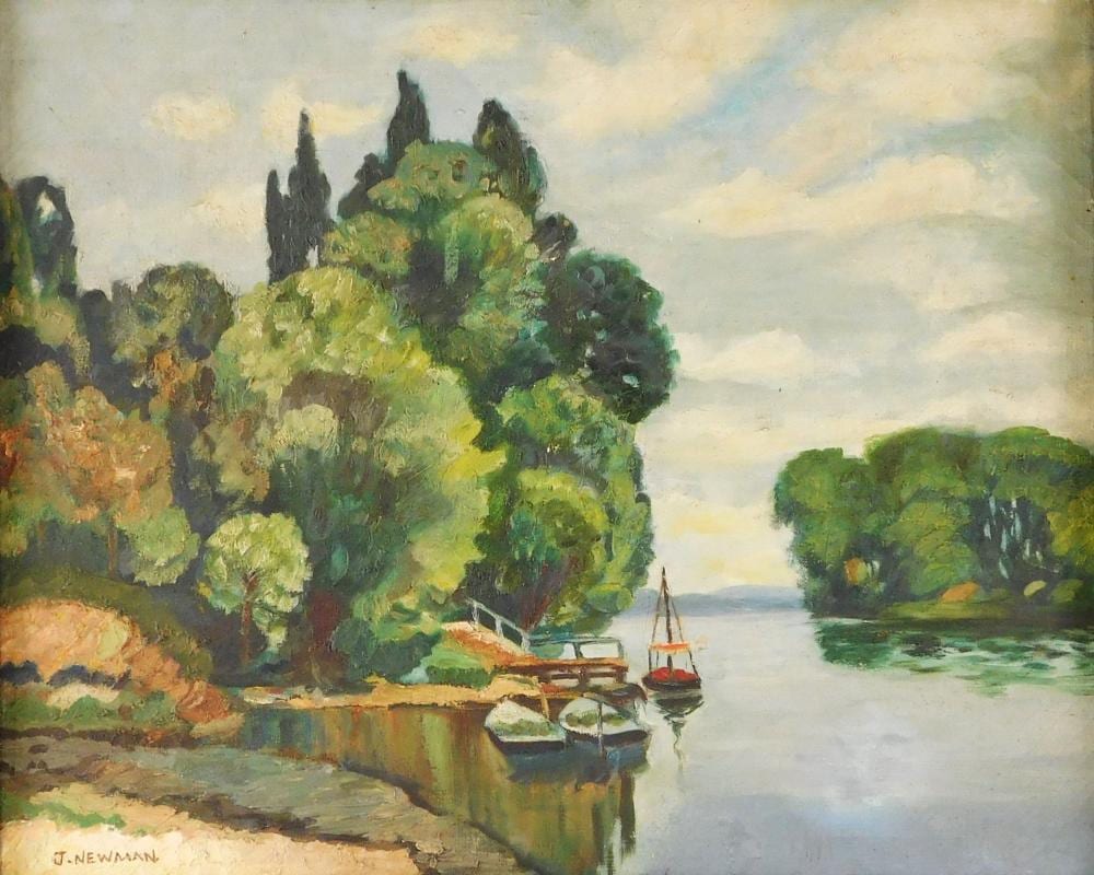 Joseph Newman (American, 1890 - 1979) oil on canvas, landscape scene with trees, and small boats on a pond or lake, signed lower left corner, framed, wear consistent with age including overall cracquelare, toning, var... sold by Winter Associates, Inc., lot 252 — auction record photograph