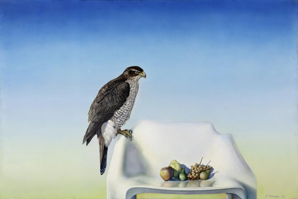 Achilleas Droungas comparable auction result: achilleas droungas greek born 1940 nature morte avec faucon signed and dated lower right oil on canvas