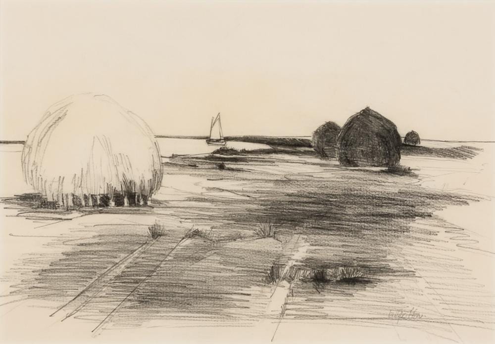 Bill Griffin comparable auction result: bill griffin am 20th century haystacks newburyport marshes pencil on paper framed under glass