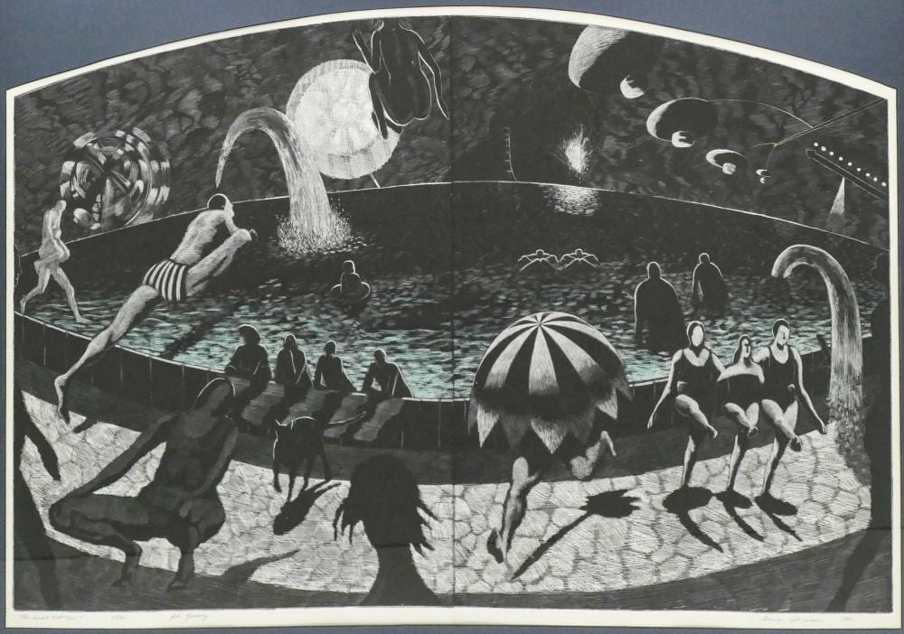 George Johanson comparable auction result: george johanson the great hot tub 1981 color etching