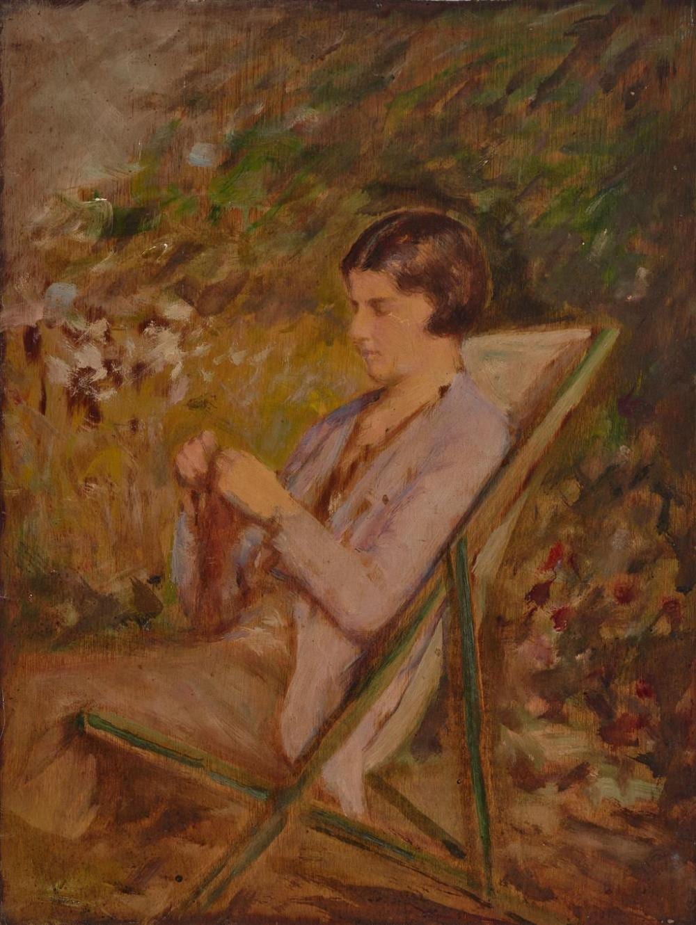 Bessie Gibson comparable auction result: bessie gibson 1868 1961 woman knitting oil on panel unframed 35 x 26 cm signed lower right