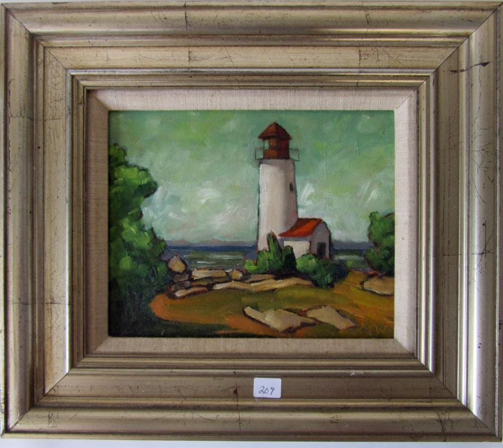 Judith Wright comparable auction result: judith wright contemporary oil on board light house