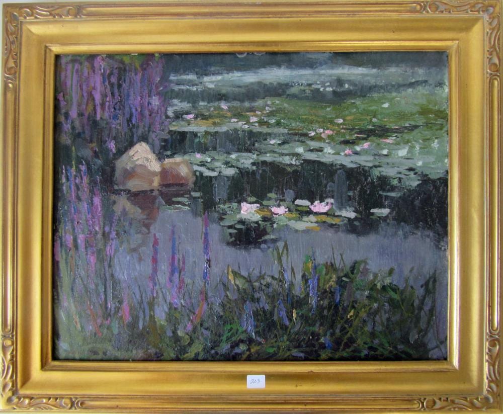 Bob Nally comparable auction result: bob nally 1938 1990 oil on board lily pond scene