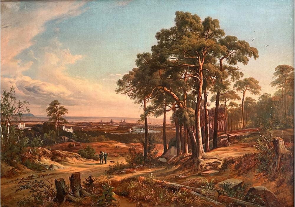 Johann Anton Castell comparable auction result: johann anton castell 1810 1867 blick auf dresden im abendrot zwei wanderer mit hund die des weg