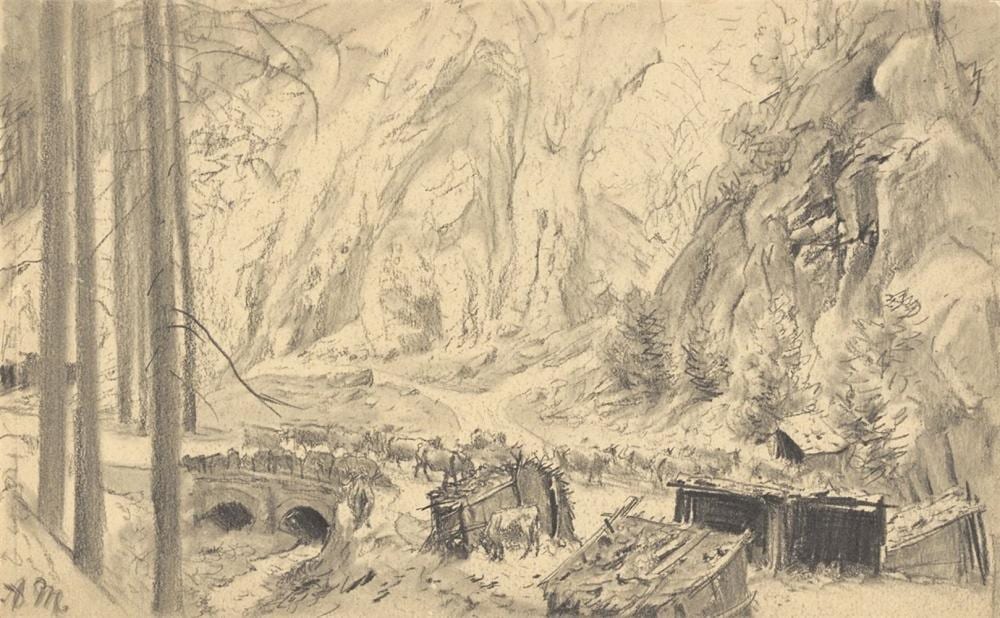 rocky landscape with cattle crossing a bridge · Grisebach · 2023-06-01 Adolf Friedrich Erdmann Menzel comparable auction result: rocky landscape with cattle crossing a bridge