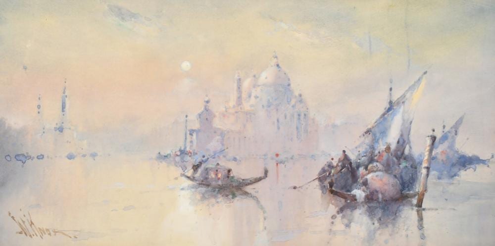 William Knox comparable auction result: william knox 1862 1925 gondolas in venice watercolour signed 9 75 x 19 75 25 x 50cm