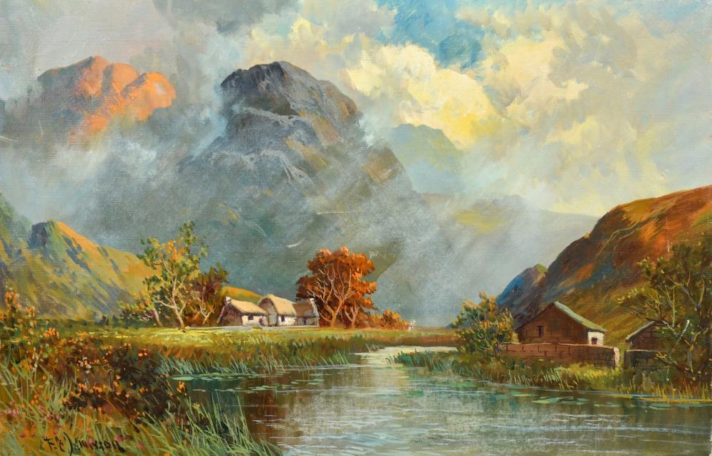 F. E. Jamieson comparable auction result: f e jamieson 1895 1950 a highland view dwellings near a river surrounded by mountains oil on