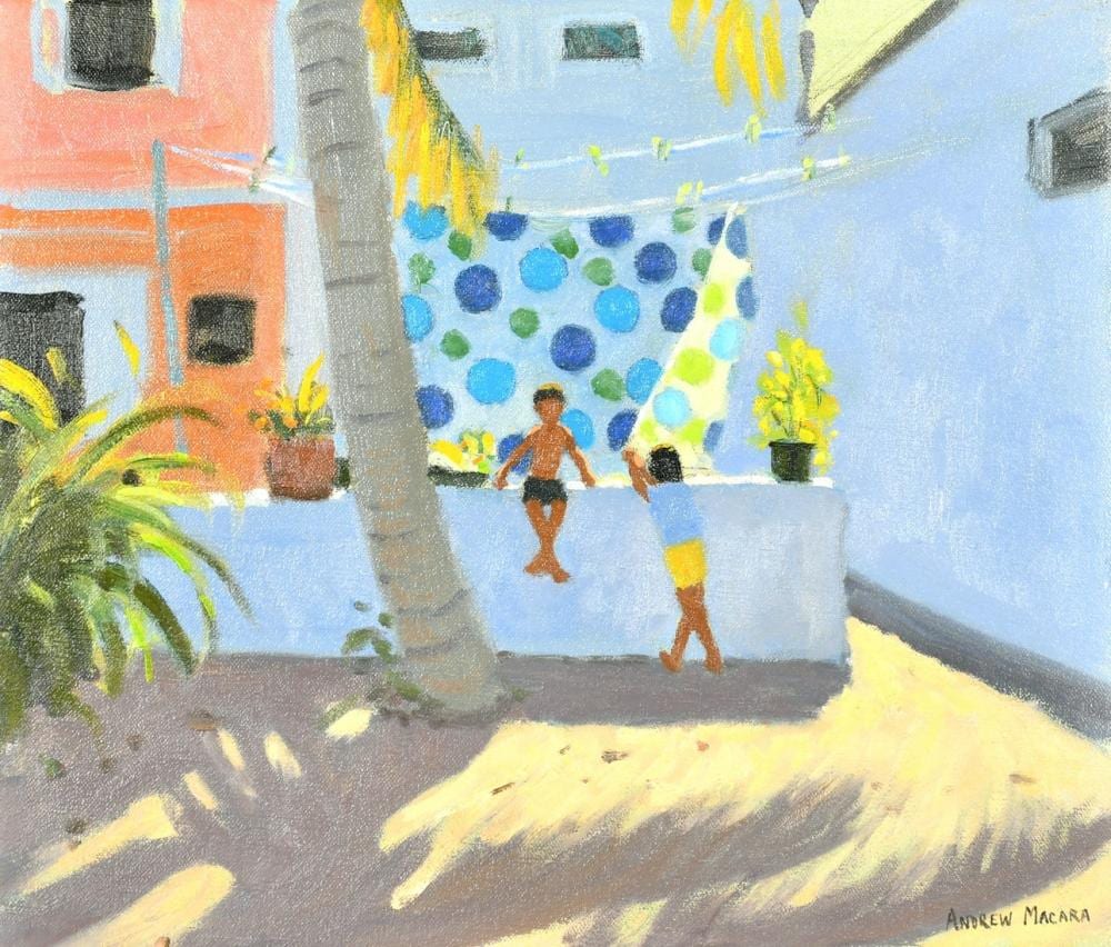 Andrew Macara comparable auction result: andrew macara b 1944 british west indies children playing in a courtyard oil on canvas sign