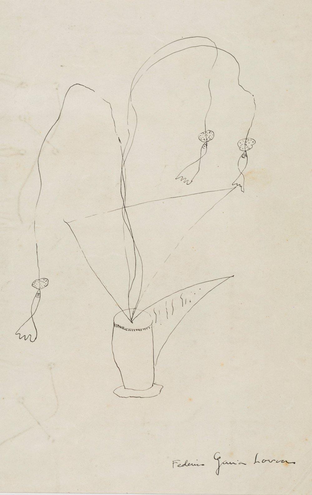 Federico García Lorca comparable auction result: federico garc a lorca fuente vaqueros granada 1898 v znar to alfacar granada 1936 flowers in a vase ink on paper signed in the lower right corner