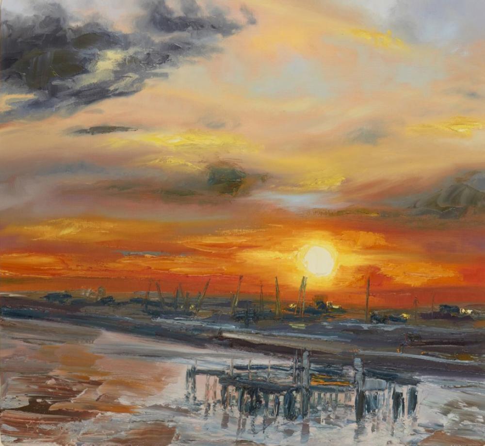 Painting of a sunrise over a harbor with sailboat masts, docks, and layered clouds in warm orange and yellow tones.
