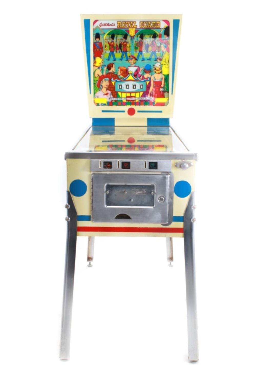 Front view of a vintage pinball machine labeled “Royal Guard,” with colorful playfield artwork and a metal coin box.