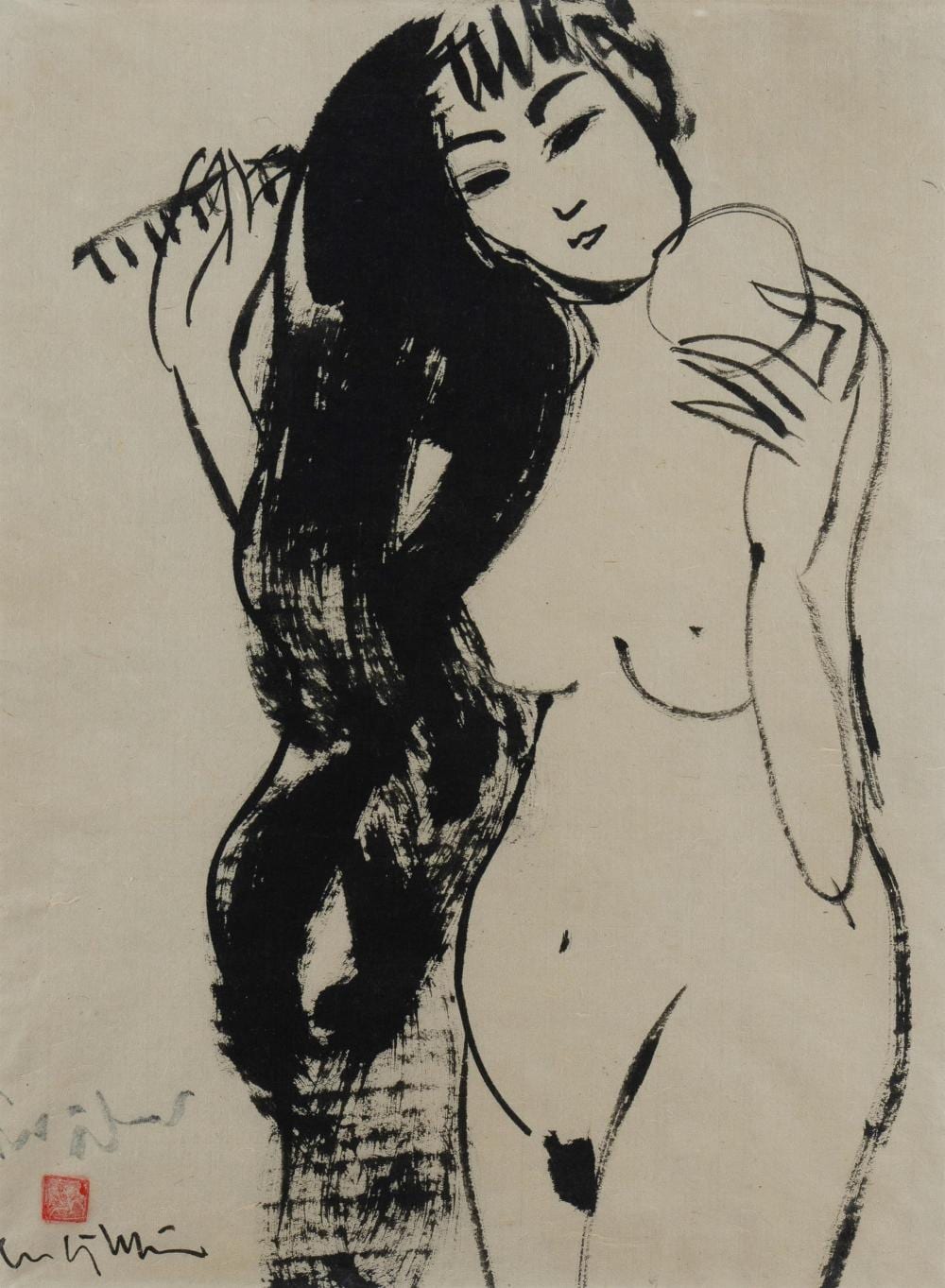 Cong Nhan Luu comparable auction result: luu cong nhan vietnamese 1931 2007 nude combing her hair ink on paper 49x36cm