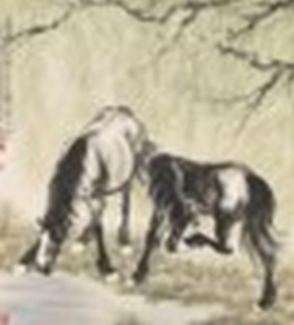 Xu Beihong (1895-1953) Two Horses under Willows Scroll, mounted and framed, comparable sale
