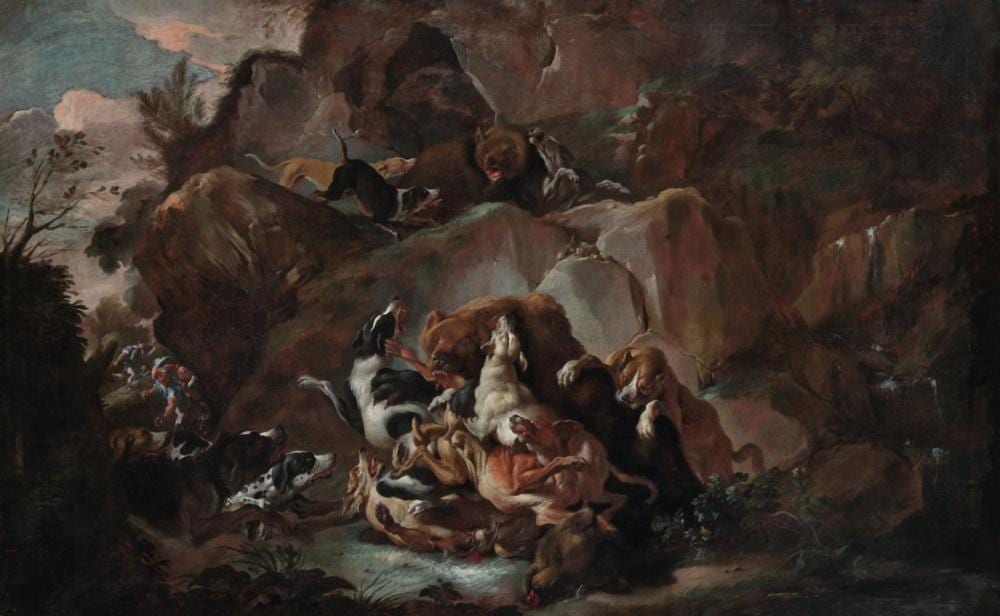 Carl Borromäus Andreas Ruthart comparable auction result: wooded landscape with dogs attacking bears