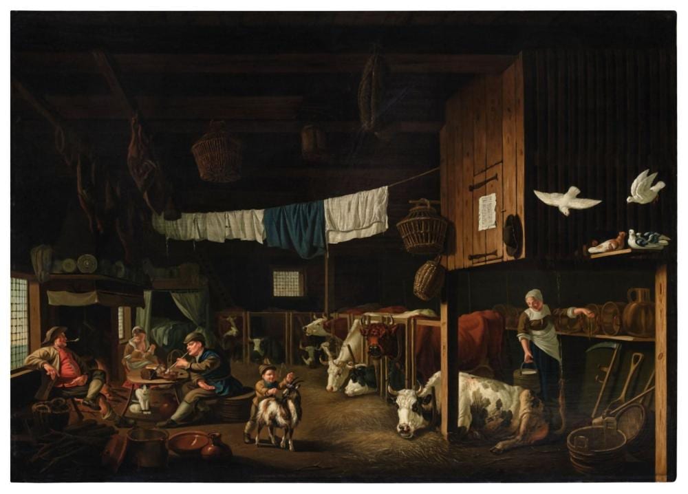 barn interior with cows and peasants · Sotheby's · 2023-05-26 Jan van Gool comparable auction result: barn interior with cows and peasants