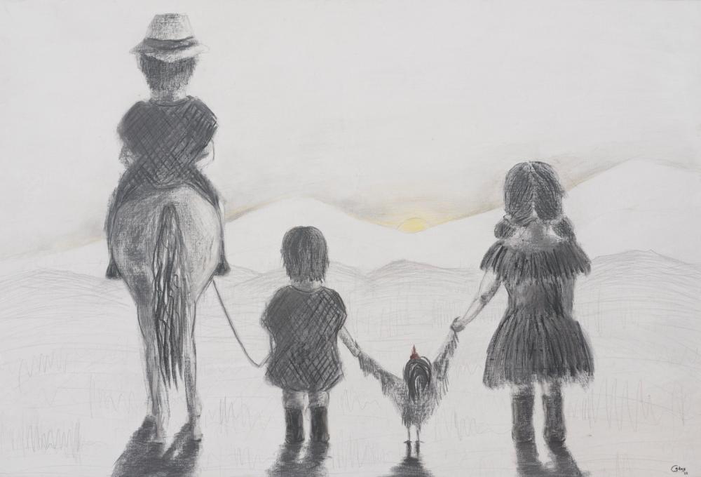 Juan Cabas (1979) Viaje en Familia, 2022 Técnica mixta sobre lienzo Medidas: 140 x 100 cm comparable sale