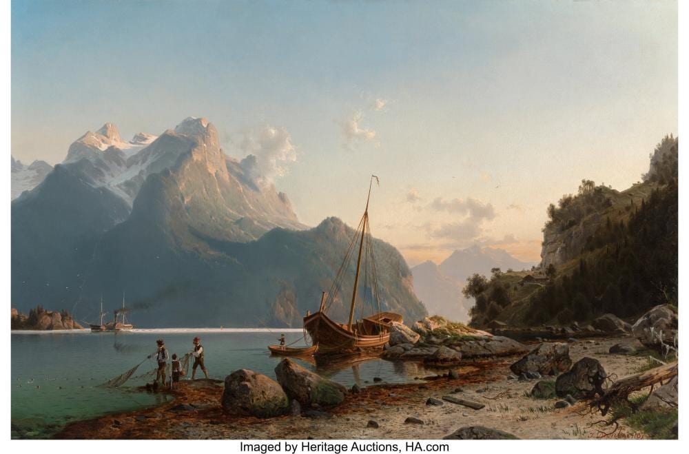 Johannes Duntze comparable auction result: johannes duntze german 1823 1895 fishing in the fjord sunset 1873 oil on ca