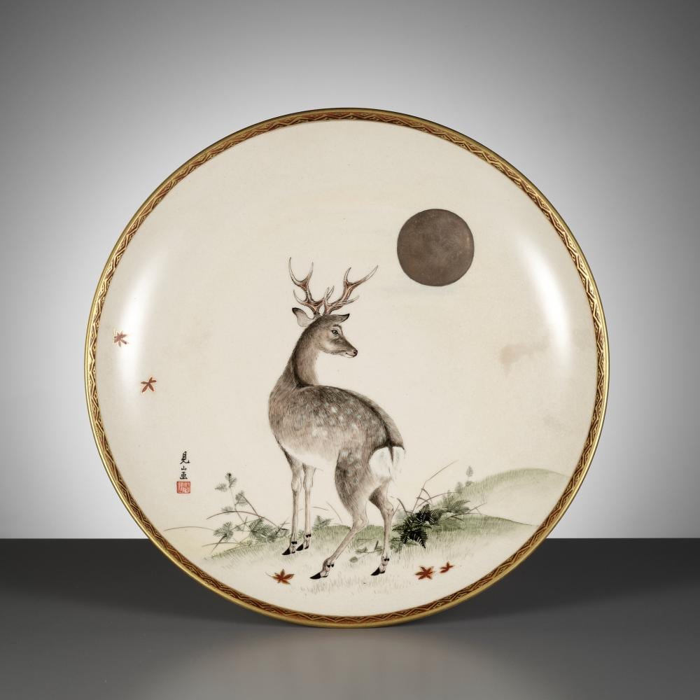 Ogata Kenzan comparable auction result: a fine satsuma dish with an autumnal scene depicting a deer and full moon after a design by ogata kenzan