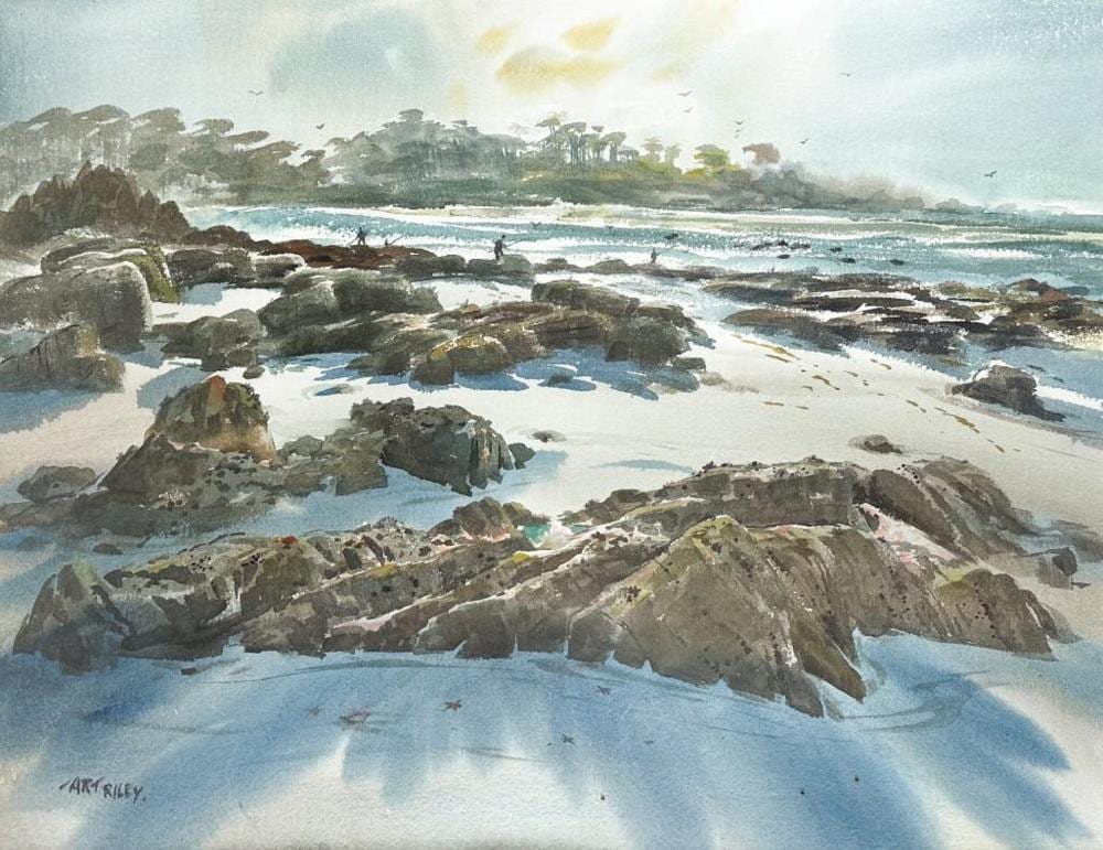 Arthur Irwin Riley comparable auction result: arthur irwin riley 1911 1998 watercolor surf fishermen on rocky coast