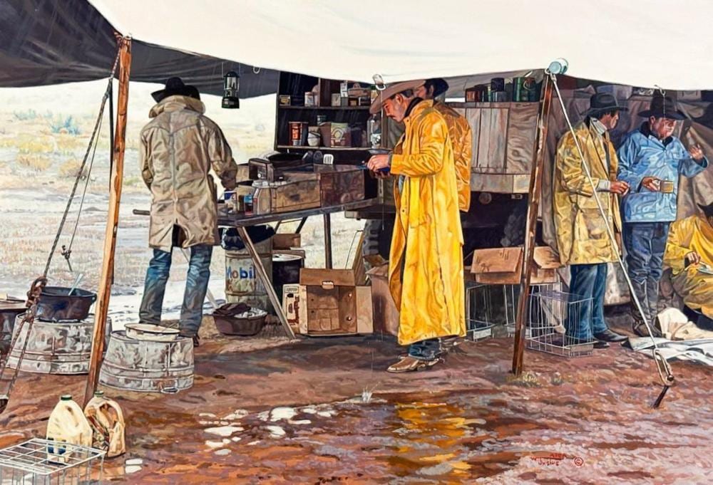 Wayne Justus comparable auction result: wayne justus b 1952 gouache on paper under the fly where it s dry c 1990