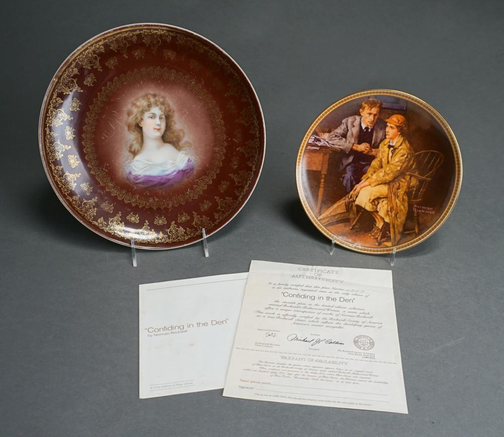 Edwin Knowles Norman Rockwell 'Confiding in the Den' Plate and a German Painted Porcelain Charger, D of larger: 9 3/4 in. (24.8 cm.) sold by Weschler's, lot 137 — auction record photograph